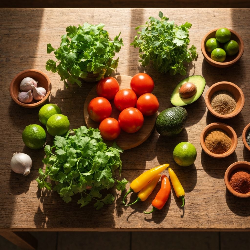 Mesa con vegetales y especias mexicanas